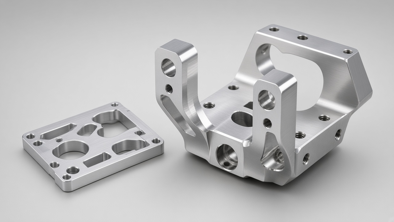 Supporto aero-adiacente e piastra attrezzatura CNC — illustrazione, Dongguan, China. Non flight-critical.